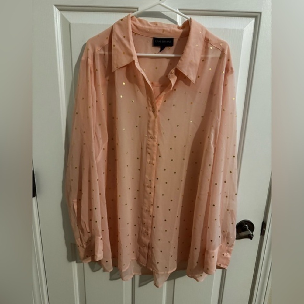Lane Bryant Business Polka Dot Sheer Blouse Pink Gold Size 26/28 4X